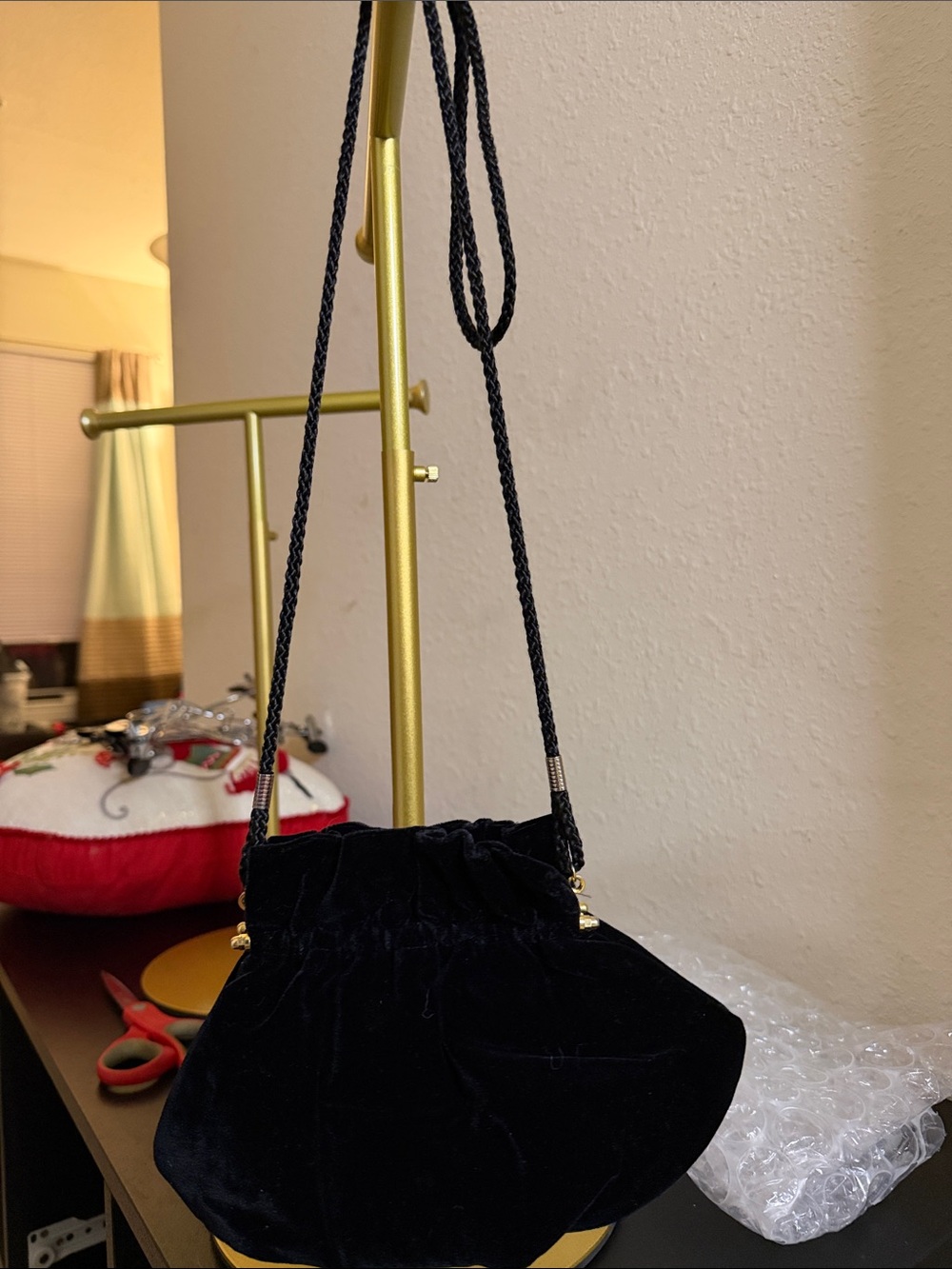 La Regale Black Velvet Mini Drawstring Crossbody Bag